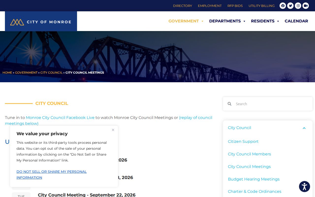 Monroe city directory companion search in council agendas and minutes