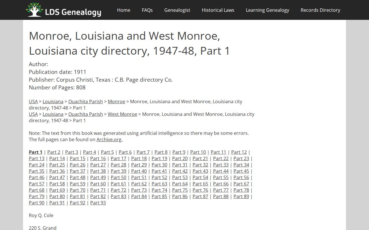 Monroe previous residents 1947-48 city directory source